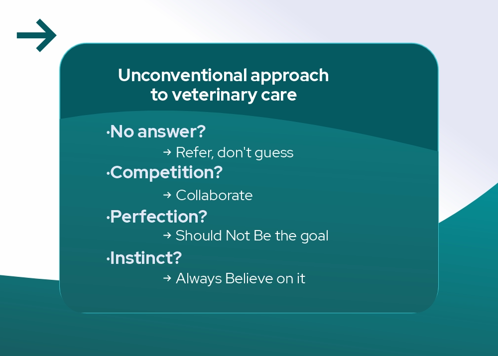 Unconventional Veterinary Care Approach | Serge Deuvletian Insights Infographic on unconventional veterinary care approach including collaboration, referrals, instinct-based decisions, and non-perfection mindset